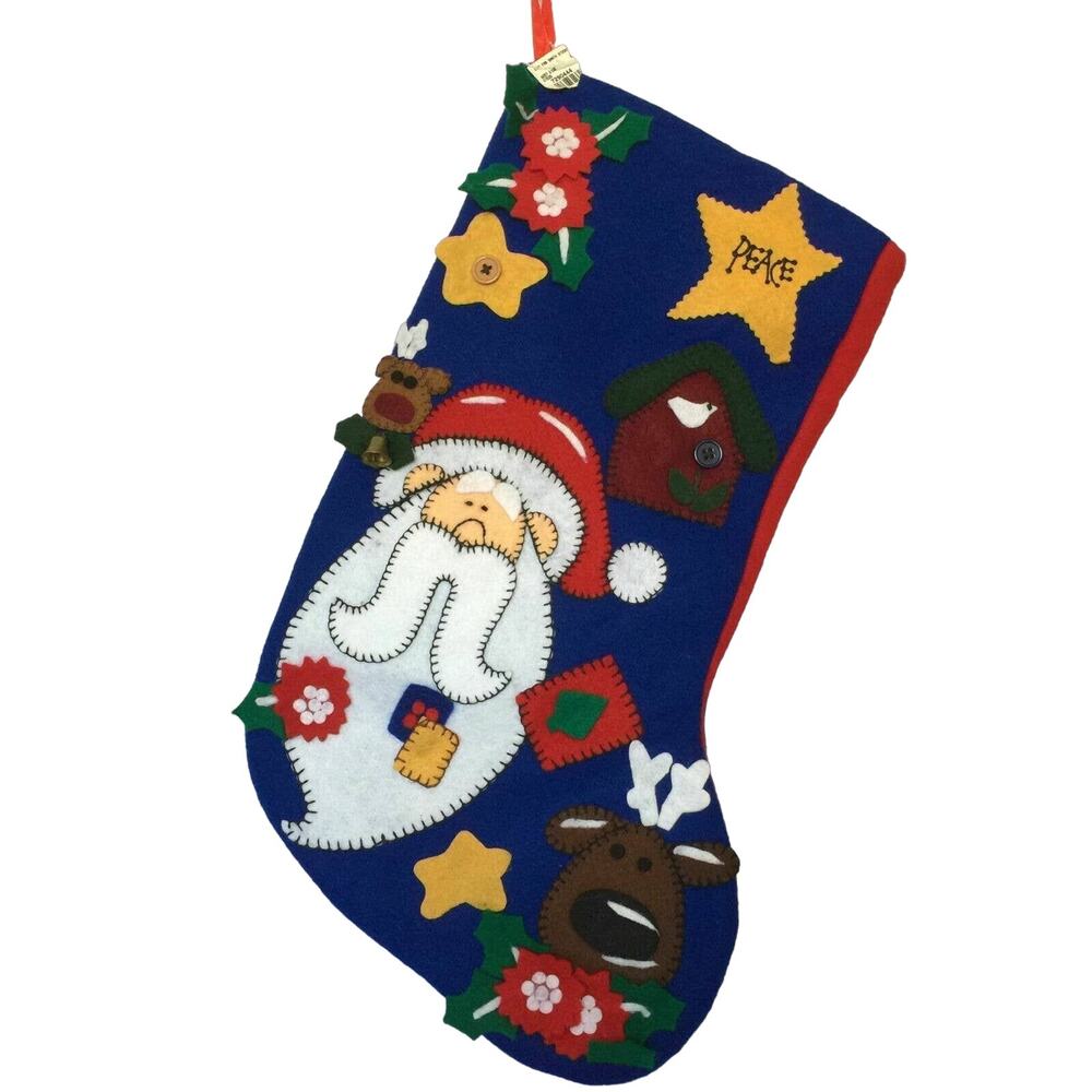 Christmas Stocking Felt Embellished Applique Santa Deer Holly Bell Lined 21"
